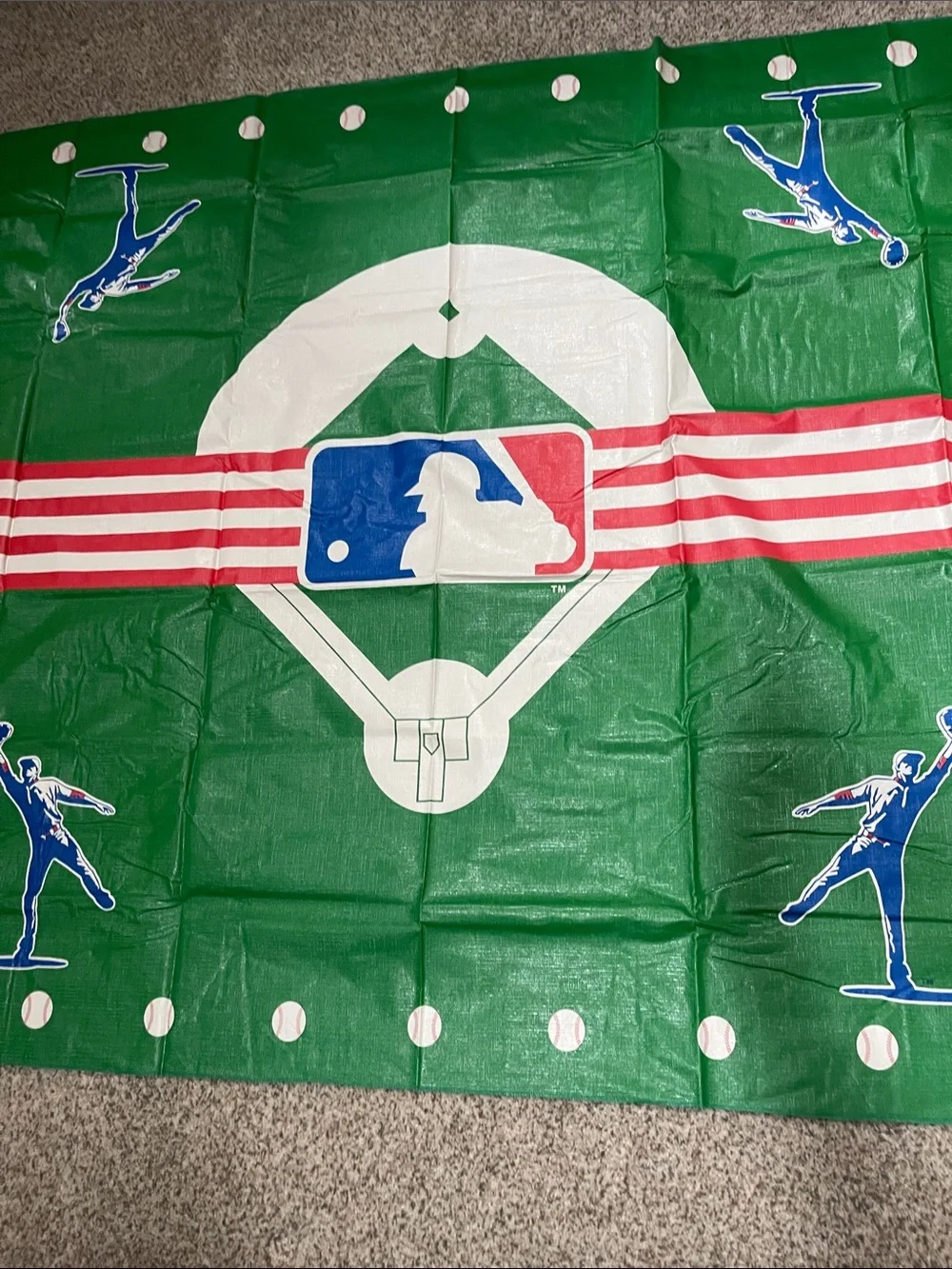 Baseball Field Party Table Cover Vinyl felt back Red White & Blue 72”x52”MLB